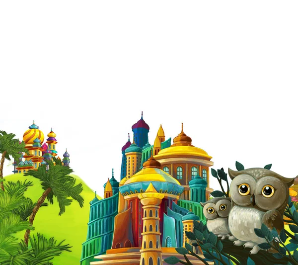 cartoon scene with beautiful medieval castles - far east kingdom - with space for text - illustration for children