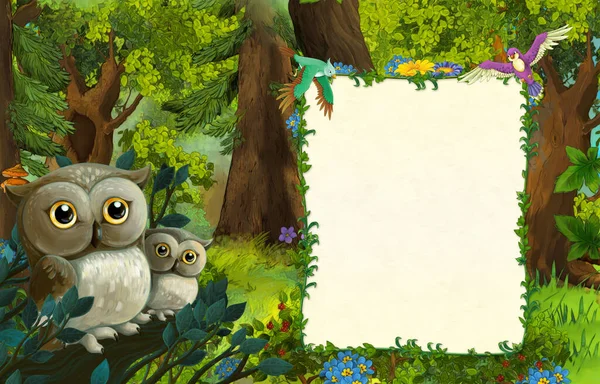 Escena Dibujos Animados Con Familia Búhos Bosque Ilustración Para Los —  Fotos de Stock