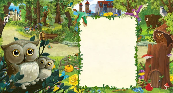 Scena Kreskówkowa Sowami Pobliżu Lasu Zamku Łące Ilustracja Dla Dzieci — Zdjęcie stockowe