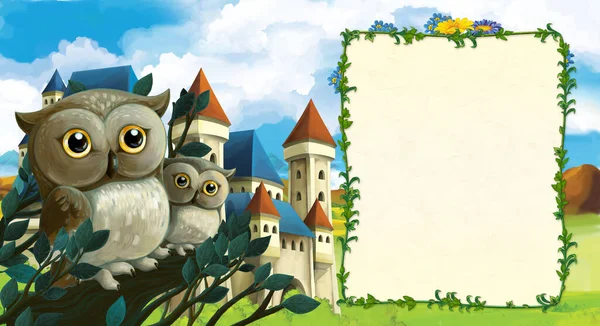 cartoon scene with owls near the forest and castle on the meadow - illustration for children