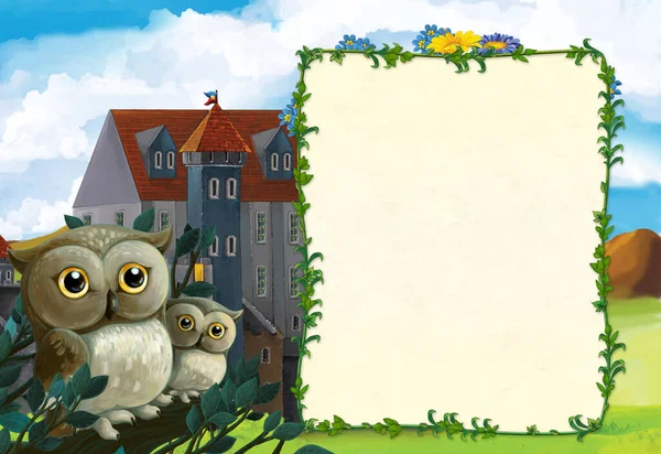 cartoon scene with owls near the forest and castle on the meadow - illustration for children