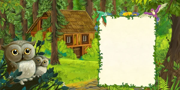 Cartoon Sommerszene Mit Tiefem Wald Mit Eulenfamilie Illustration Für Kinder — Stockfoto