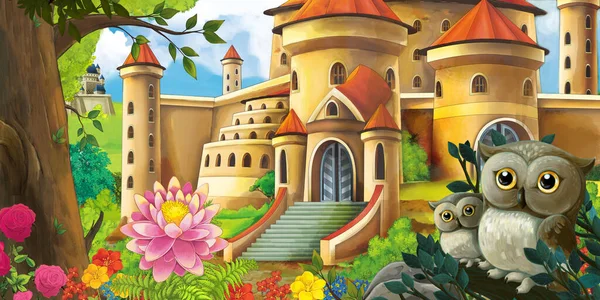 Escena Dibujos Animados Con Búhos Con Hermosos Castillos Cerca Del — Foto de Stock