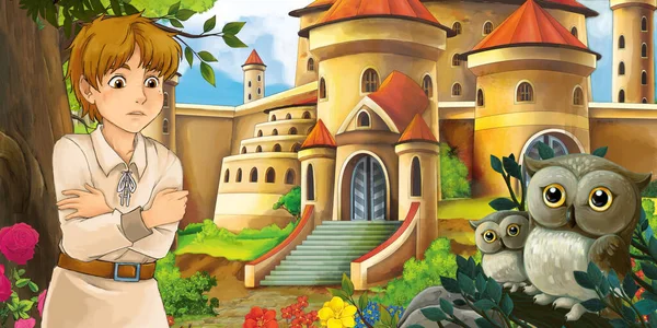 ハンサムな少年と森の近くの美しい城とフクロウと漫画のシーン 子供たちのためのイラスト — ストック写真