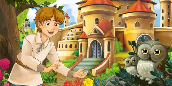 Cartoon Scene Owls Beautiful Castles Forest Handsome Young Boy Illustration — Stock Photo, Image