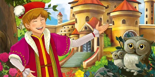 森林附近的卡通场景 猫头鹰和美丽的城堡 还有英俊的王子 给孩子们的插图 — 图库照片