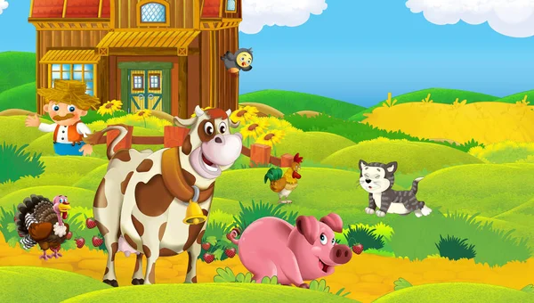 Scena Kreskówek Zwierzętami Gospodarskimi Farmie Bawiące Się Ilustracja Dla Dzieci — Zdjęcie stockowe