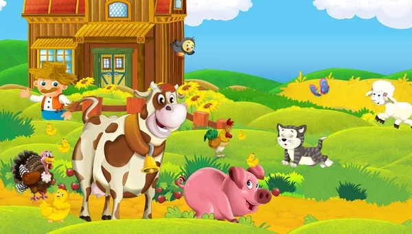 Cartoon Scene Farm Animals Farm Ranch Having Fun Illustration Children — Stock Photo, Image