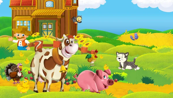 Escena Dibujos Animados Con Animales Granja Rancho Granja Divirtiéndose Ilustración — Foto de Stock