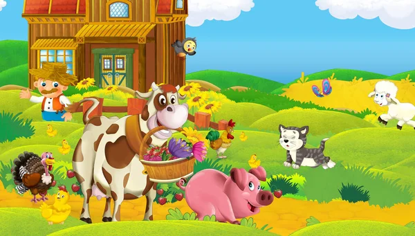 Cena Dos Desenhos Animados Com Animais Fazenda Rancho Fazenda Divertindo — Fotografia de Stock