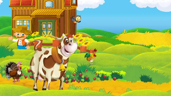 Çiftlikte Çiftlik Hayvanlarının Olduğu Bir Çizgi Film Sahnesi Çocuklar Için — Stok fotoğraf