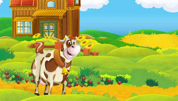 农场里有农场动物的卡通片场景 给孩子们看 — 图库照片