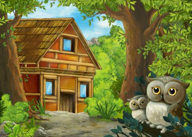 Ormanda baykuşların olduğu çizgi film sahnesi ve çiftlik yolu - çocuklar için illüstrasyon