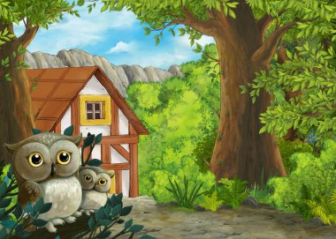 Ormanda baykuşların olduğu çizgi film sahnesi ve çiftlik yolu - çocuklar için illüstrasyon