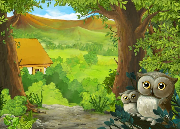 Rajzfilm Jelenet Baglyok Erdőben Utat Farm Farm Illusztráció Gyerekeknek — Stock Fotó