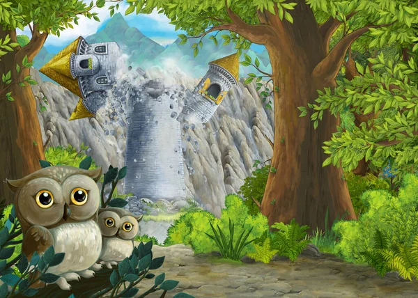 Cartoon Scene Owls Beautiful Castle Forest Illustration Children — Stock Photo, Image