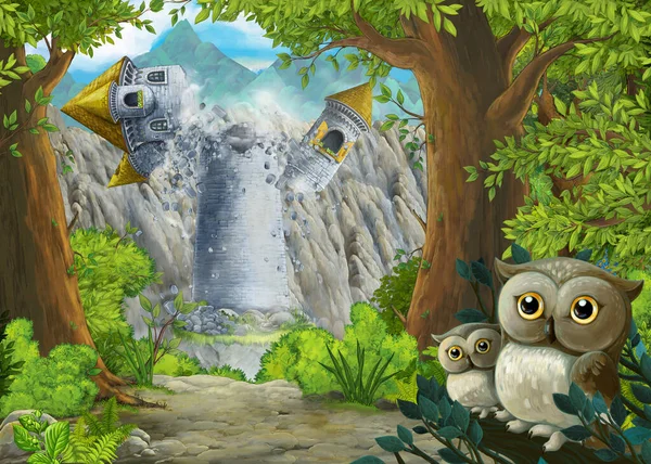Cartoon Scene Owls Beautiful Castle Forest Illustration Children — Stock Photo, Image