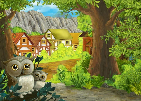 Cartoon Scene Owls Forest Path Farm Ranch Illustration Children — Stock Photo, Image