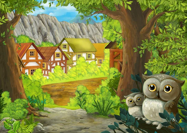 Cartoon Szene Mit Eulen Wald Und Weg Zur Farm Ranch — Stockfoto