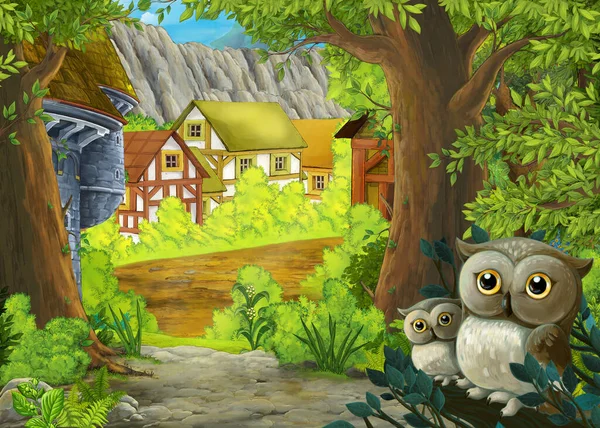 Scena Kreskówkowa Sowami Lesie Ścieżka Rancza Ilustracja Dla Dzieci — Zdjęcie stockowe