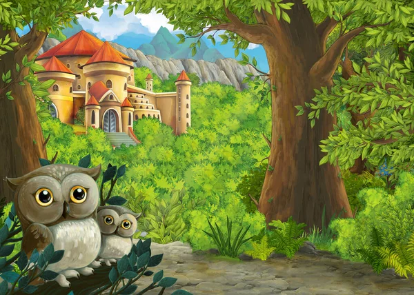 Scena Rysunkowa Sowami Pięknym Zamkiem Pobliżu Lasu Ilustracja Dla Dzieci — Zdjęcie stockowe