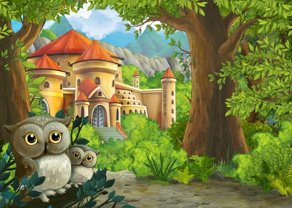 森の近くの美しい城を持つフクロウと漫画のシーン 子供のためのイラスト — ストック写真
