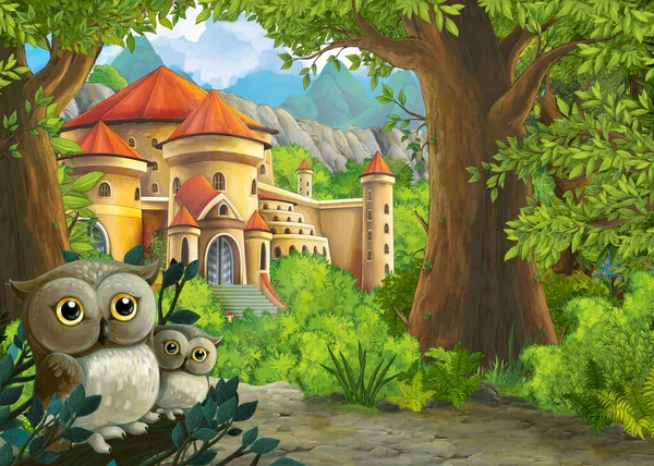 Cartoon scene with owls with beautiful castle near forest - illustration for children
