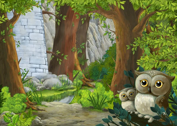 Cartoon Scene Owls Beautiful Castle Forest Illustration Children — Stock Photo, Image