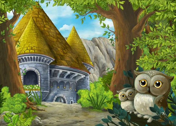 Scena Rysunkowa Sowami Pięknym Zamkiem Pobliżu Lasu Ilustracja Dla Dzieci — Zdjęcie stockowe