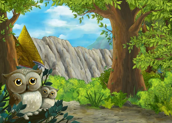 Cartoon scene with owls with beautiful castle near forest - illustration for children