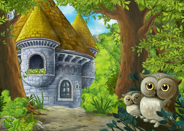 Cartoon Nature Scene Beautiful Castle Prince Princess Illustration Children — Stock Photo, Image