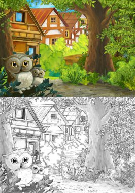 Ormanda baykuşların olduğu çizgi film sahnesi ve çiftlik yolu - çocuklar için illüstrasyon