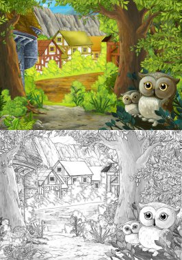 Ormanda baykuşların olduğu çizgi film sahnesi ve çiftlik yolu - çocuklar için illüstrasyon