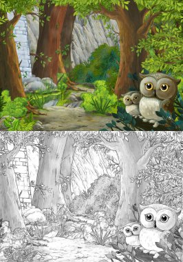 Ormanın yakınındaki güzel kaleli baykuşların olduğu karikatür sahnesi - çocuklar için illüstrasyon