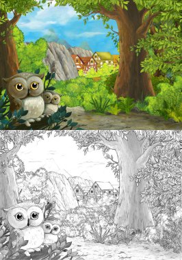 Çizgi film yaz sahnesi. Çocuklar için çiftlik köyü illüsü.