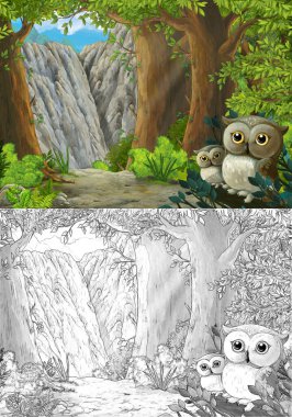 Ormanda baykuşların olduğu çizgi film sahnesi ve vadiye giden yol - çocuklar için illüstrasyon