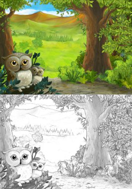 Ormanda baykuşların olduğu çizgi film sahnesi ve bir yere giden yol - çocuklar için çizim