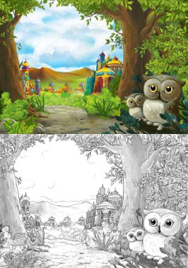 Ormanın yakınındaki güzel kaleli baykuşların olduğu karikatür sahnesi - çocuklar için illüstrasyon