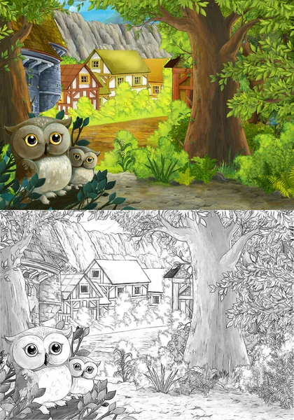 Kreslená Scéna Sovy Lese Cesta Farmářský Ranč Ilustrace Pro Děti — Stock fotografie