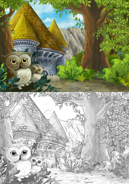 Kreslená Scéna Sovy Krásným Hradem Blízkosti Lesa Ilustrace Pro Děti — Stock fotografie