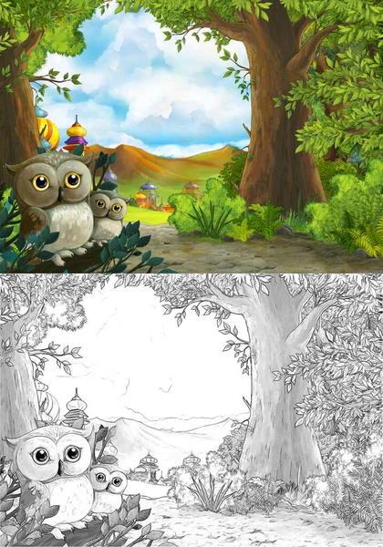 Ormanın Yakınındaki Güzel Kaleli Baykuşların Olduğu Karikatür Sahnesi Çocuklar Için — Stok fotoğraf