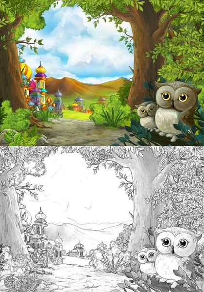 Kreslená Scéna Sovy Krásným Hradem Blízkosti Lesa Ilustrace Pro Děti — Stock fotografie