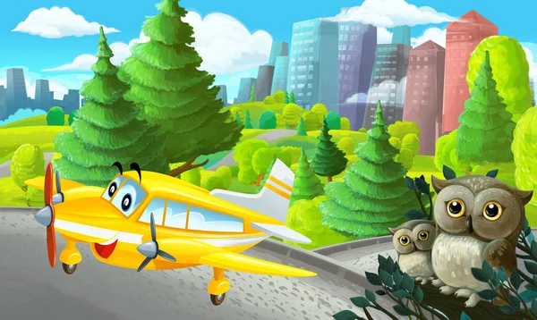 Cartoon Szene Stadtnahen Park Mit Flugzeugflug Und Eulen Illustration Für — Stockfoto