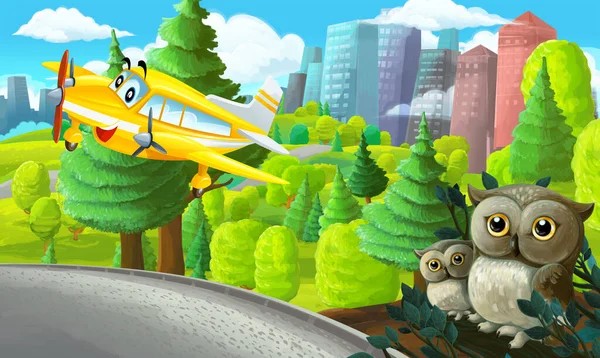 飛行機が飛んでいる街の近くの公園の漫画シーンや子供のためのフクロウイラスト — ストック写真
