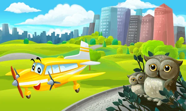 cartoon scene in park near city with plane flying and owls illustration for children