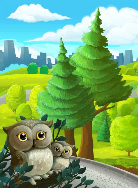 cartoon scene in park near city with plane flying and owls illustration for children