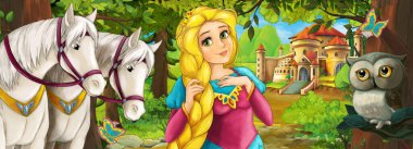 Baykuş sahnesiyle çizgi film sahnesi. Ormanın yakınındaki güzel şatoda güzel genç prenses ve atlar. Çocuklar için illüstrasyon.