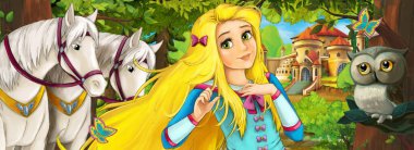 Ormanın yakınındaki güzel şatosu olan baykuşlu, genç ve güzel prensesi ve atları olan bir çizgi roman sahnesi. Çocuklar için bir illüstrasyon.