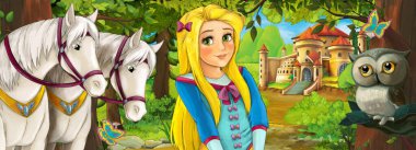 Ormanın yakınındaki güzel şatosu olan baykuşlu, genç ve güzel prensesi ve atları olan bir çizgi roman sahnesi. Çocuklar için bir illüstrasyon.