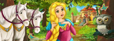 Baykuş sahnesiyle çizgi film sahnesi. Ormanın yakınındaki güzel şatoda güzel genç prenses ve atlar. Çocuklar için illüstrasyon.